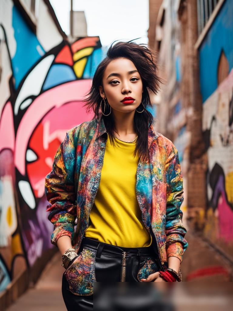 Городская сцена с модной молодой женщиной в уличном стиле на фоне граффити - Пример 5
