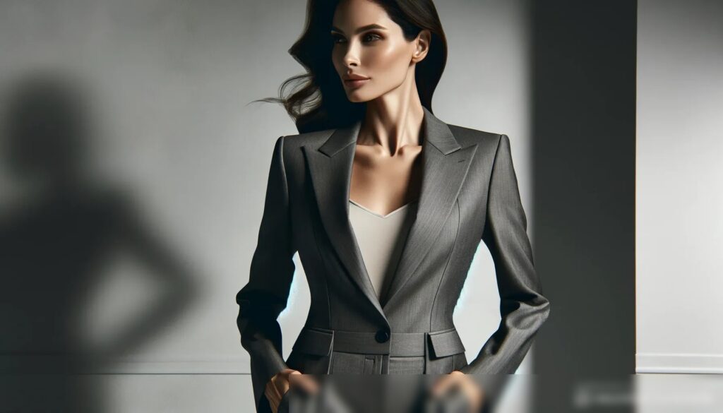 Минималистичная сцена в студии с женщиной в классическом деловом костюме - Пример 1