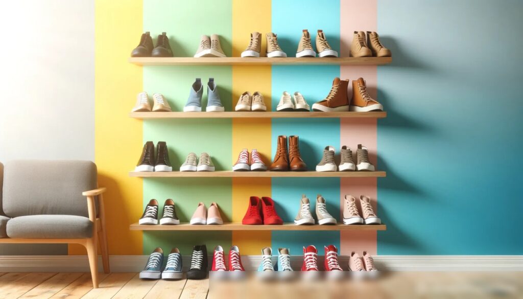 Яркая и цветная дисплейная композиция с разнообразной повседневной обувью и кроссовками на деревянных полках перед светлой, пастельного цвета стеной - Пример 2