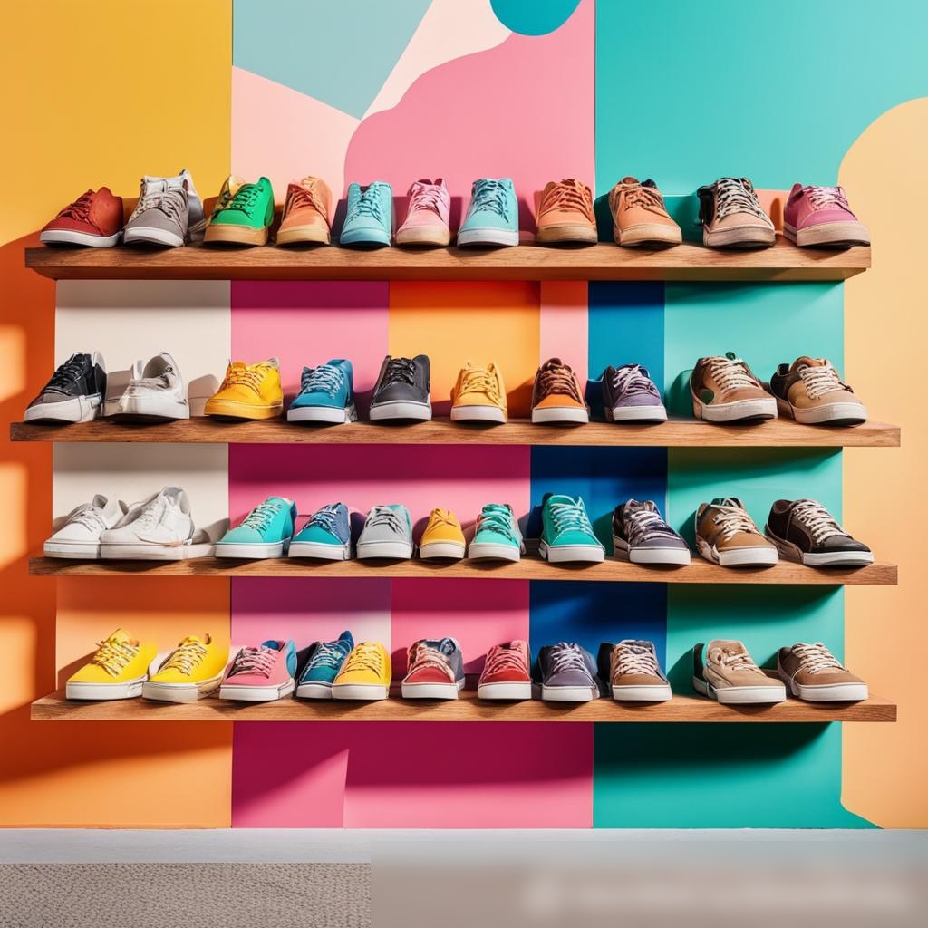 Яркая и цветная дисплейная композиция с разнообразной повседневной обувью и кроссовками на деревянных полках перед светлой, пастельного цвета стеной - Пример 3