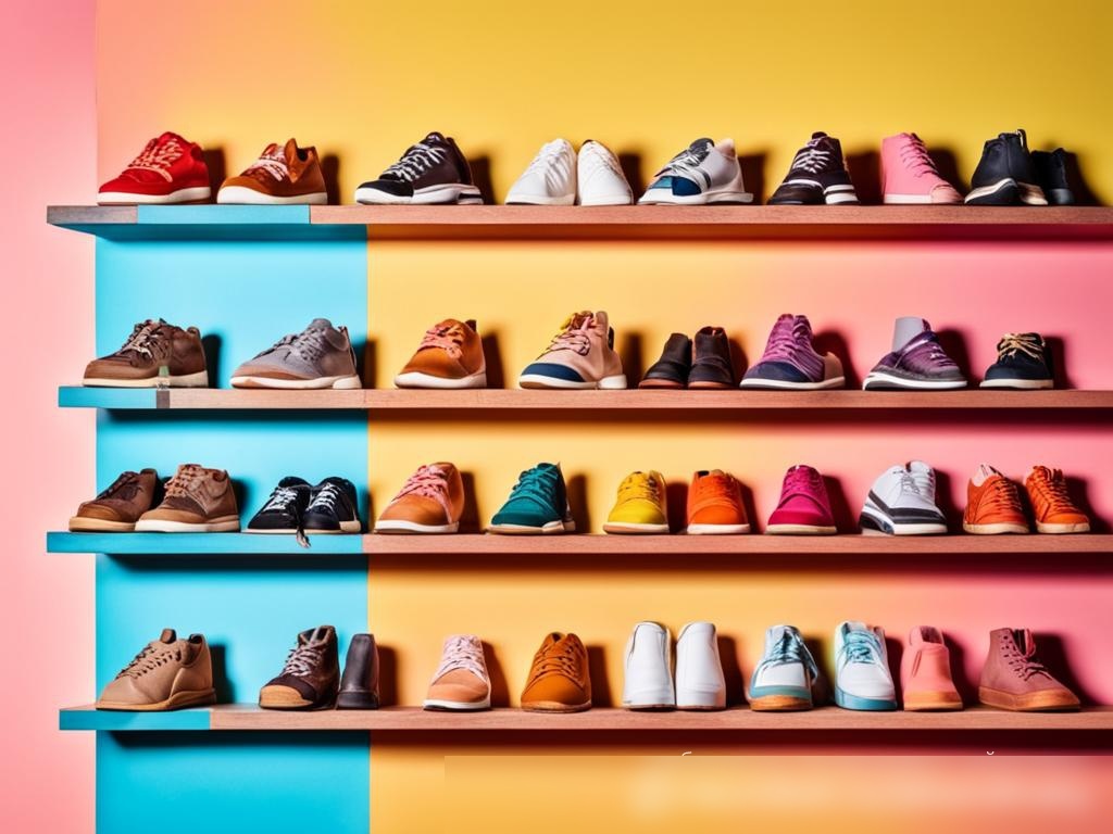 Яркая и цветная дисплейная композиция с разнообразной повседневной обувью и кроссовками на деревянных полках перед светлой, пастельного цвета стеной - Пример 4