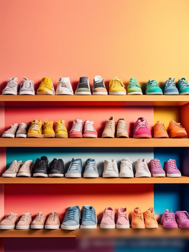 Яркая и цветная дисплейная композиция с разнообразной повседневной обувью и кроссовками на деревянных полках перед светлой, пастельного цвета стеной - Пример 5