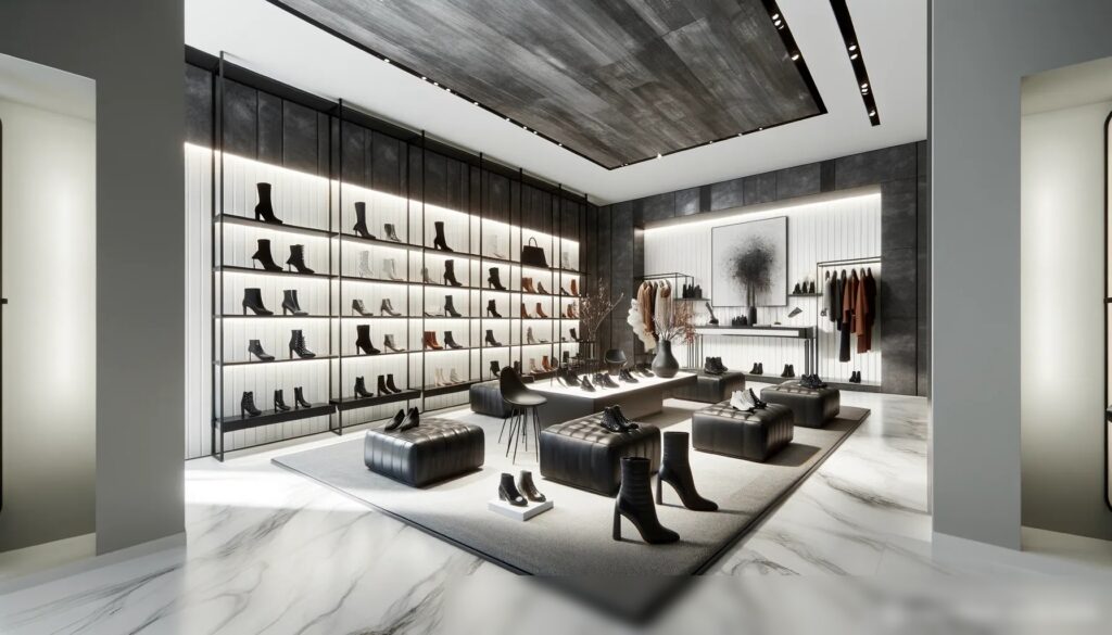 Панорамный вид на шикарный и современный бутик обуви, подчеркивающий роскошь и моду - Пример 2