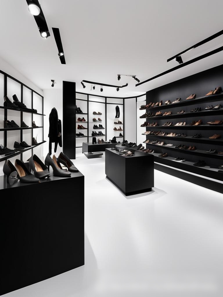 Панорамный вид на шикарный и современный бутик обуви, подчеркивающий роскошь и моду - Пример 5