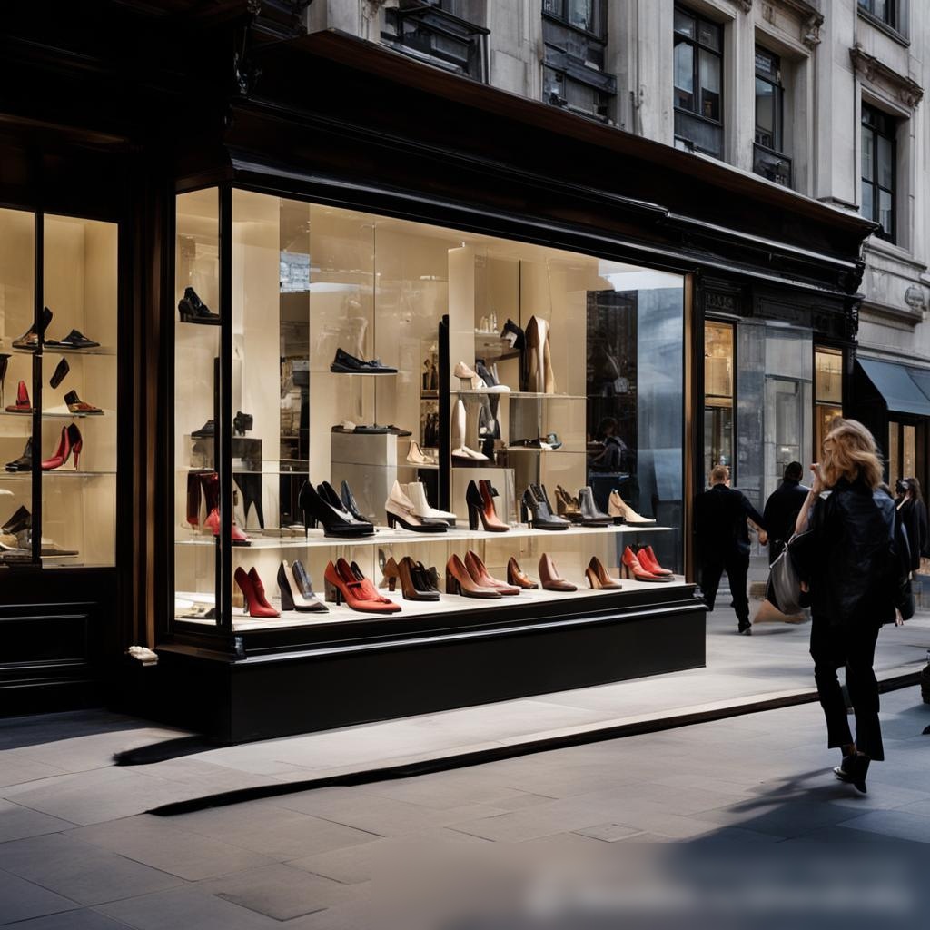 Уличная сцена с видом на стильный магазин обуви с витринами из стекла в оживленном городе - Пример 3