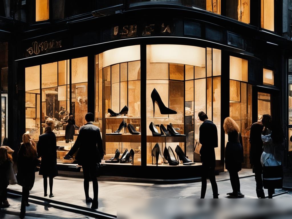 Уличная сцена с видом на стильный магазин обуви с витринами из стекла в оживленном городе - Пример 4