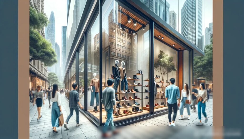 Уличная сцена с видом на стильный магазин обуви с витринами из стекла в оживленном городе - Пример 1