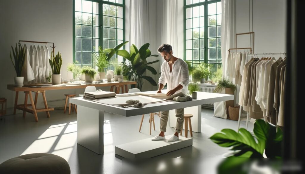 Спокойное и минималистичное рабочее пространство дизайнера одежды, сфокусированное на устойчивом дизайне - Пример 2