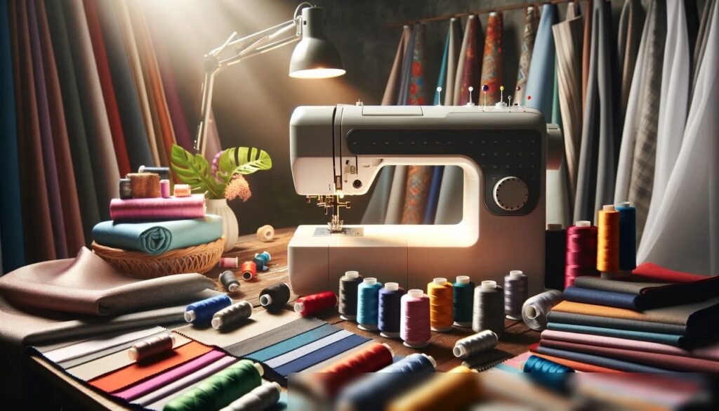 Современная швейная машина с яркими нитками и образцами тканей - Пример 2