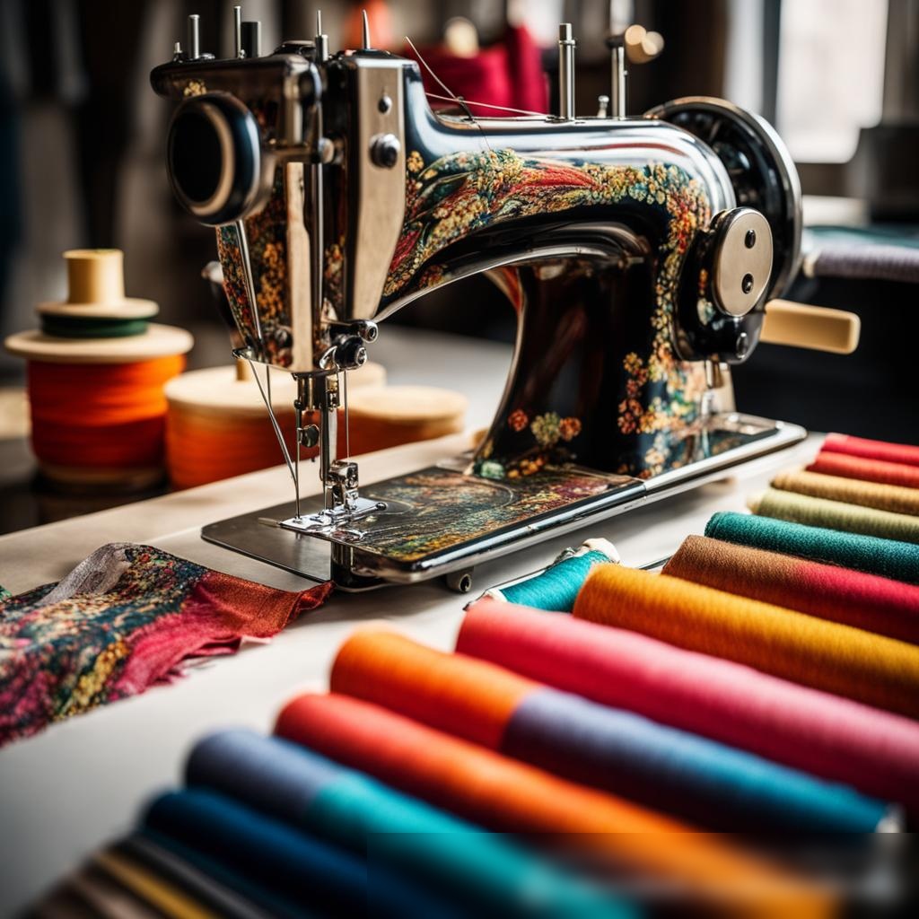Современная швейная машина с яркими нитками и образцами тканей - Пример 3