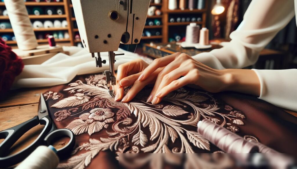 Руки портнихи, работающей над сложной вышивкой на роскошной ткани - Пример 2