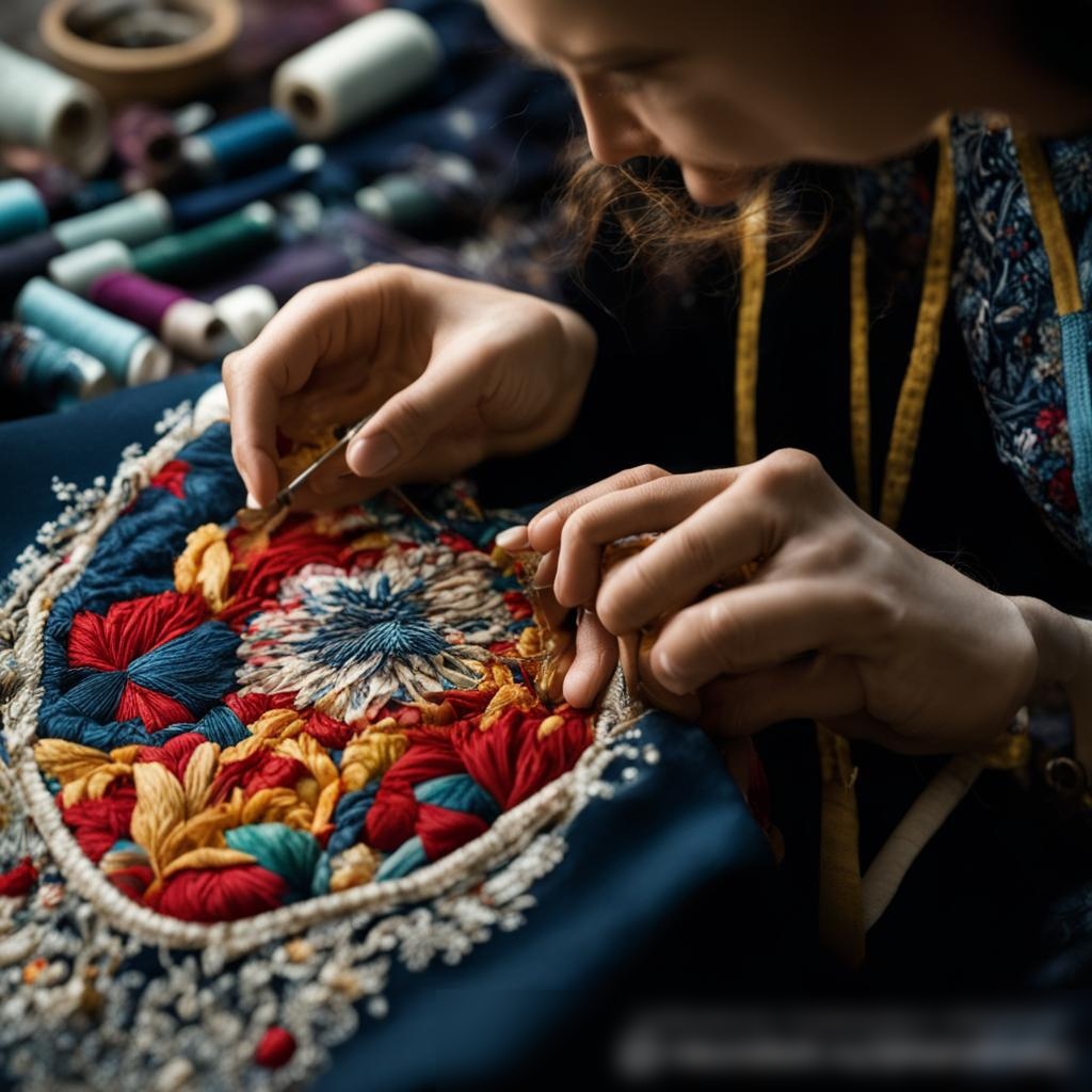 Руки портнихи, работающей над сложной вышивкой на роскошной ткани - Пример 3