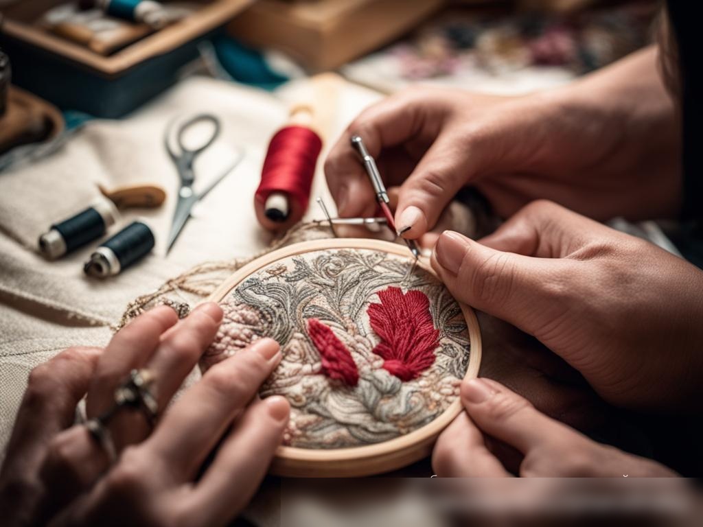 Руки портнихи, работающей над сложной вышивкой на роскошной ткани - Пример 4