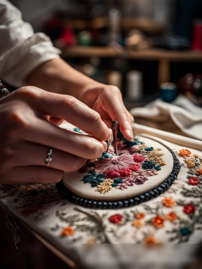 Руки портнихи, работающей над сложной вышивкой на роскошной ткани - Пример 5