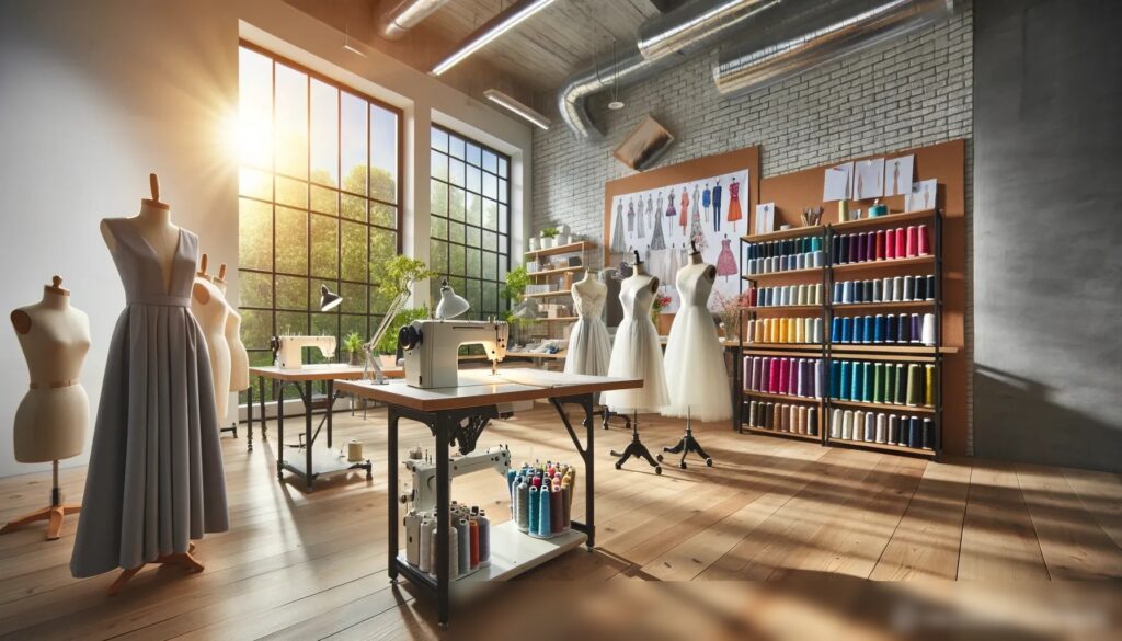 Широкоугольный снимок светлой, современной швейной мастерской с большими окнами - Пример 2