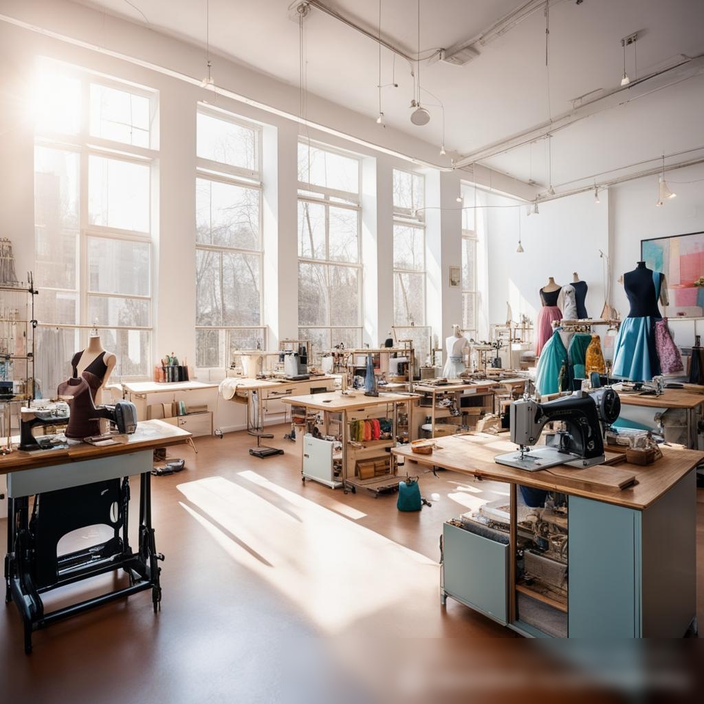 Широкоугольный снимок светлой, современной швейной мастерской с большими окнами - Пример 3