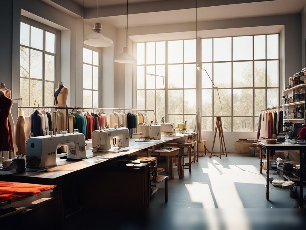 Широкоугольный снимок светлой, современной швейной мастерской с большими окнами - Пример 4