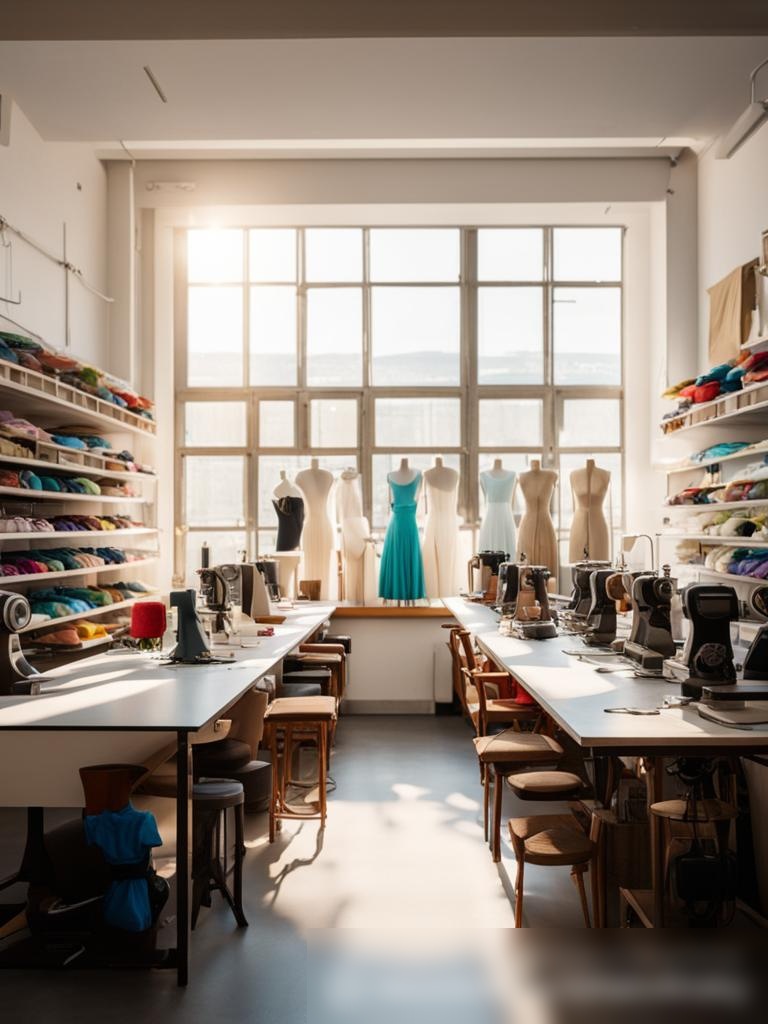 Широкоугольный снимок светлой, современной швейной мастерской с большими окнами - Пример 5