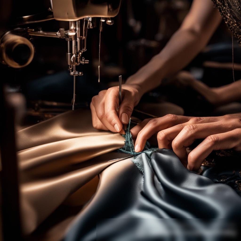 Детальный крупный план рук портного, тщательно работающего над элегантным вечерним платьем на швейной машине - Пример 3