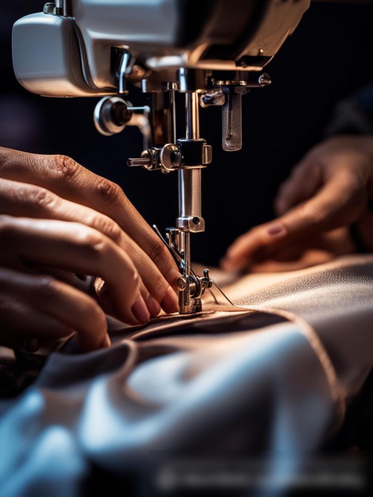 Детальный крупный план рук портного, тщательно работающего над элегантным вечерним платьем на швейной машине - Пример 5