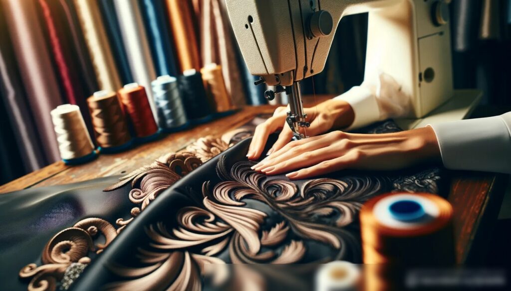 Детальный крупный план рук портного, тщательно работающего над элегантным вечерним платьем на швейной машине - Пример 1