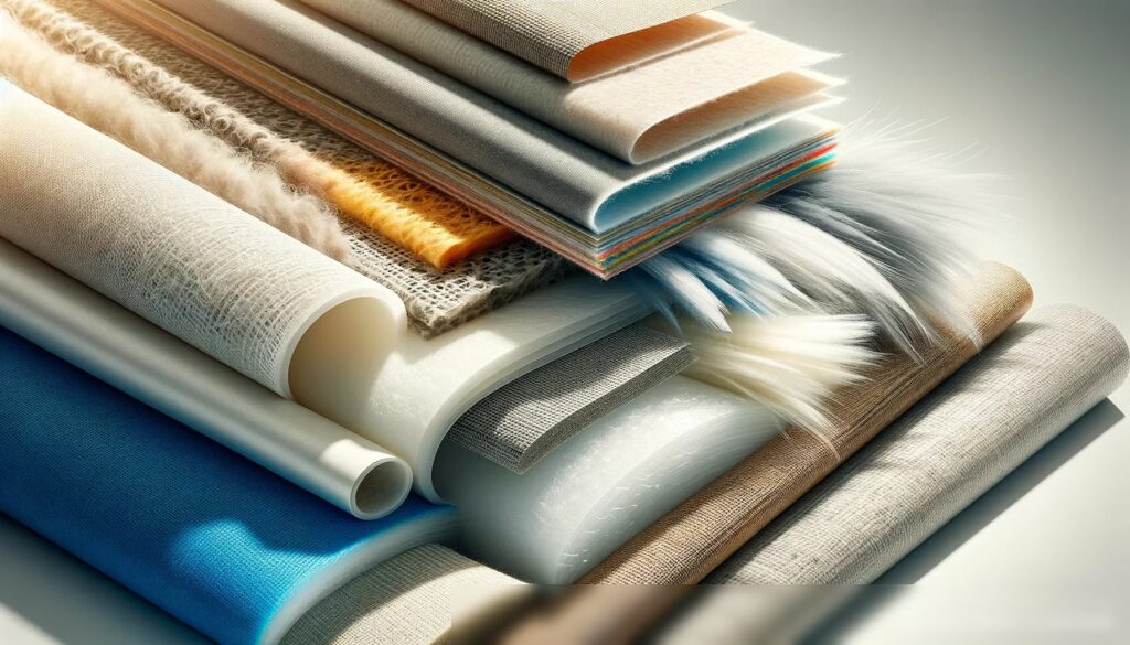 Изображение различных видов высококачественных нетканых текстильных материалов, используемых в промышленности, с акцентом на их текстуру и цвет - Пример 1