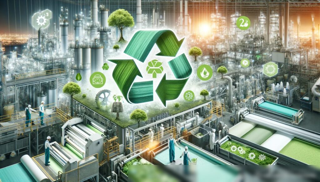 Экологическая тематика, показывающая устойчивые аспекты производства промышленных текстильных материалов, с визуализацией переработки материалов - Пример 2