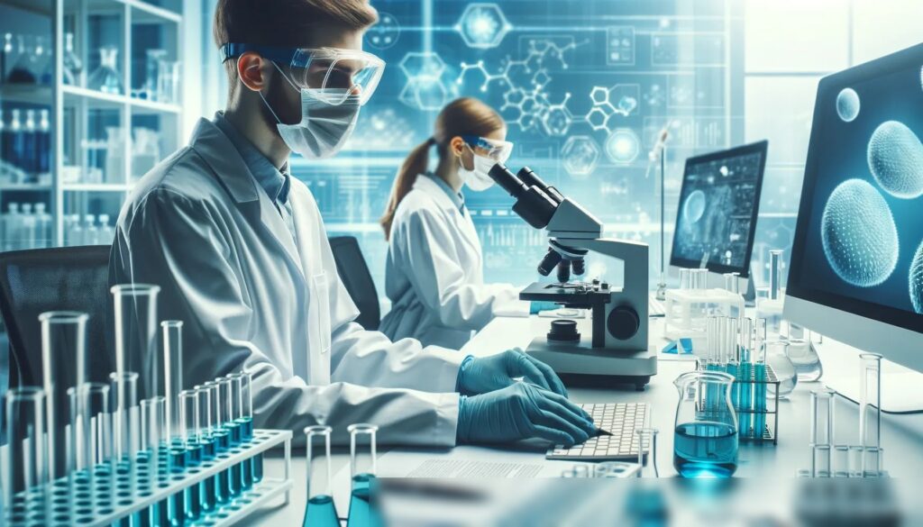 Сцена в лаборатории с учёными, работающими над экспериментами - Пример 2