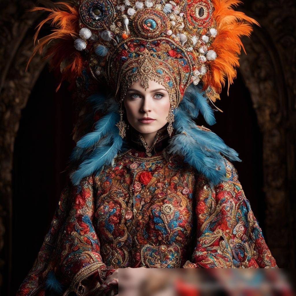 Широкоугольный снимок величественного, театрального костюма, вдохновленного русским фольклором - Пример 3