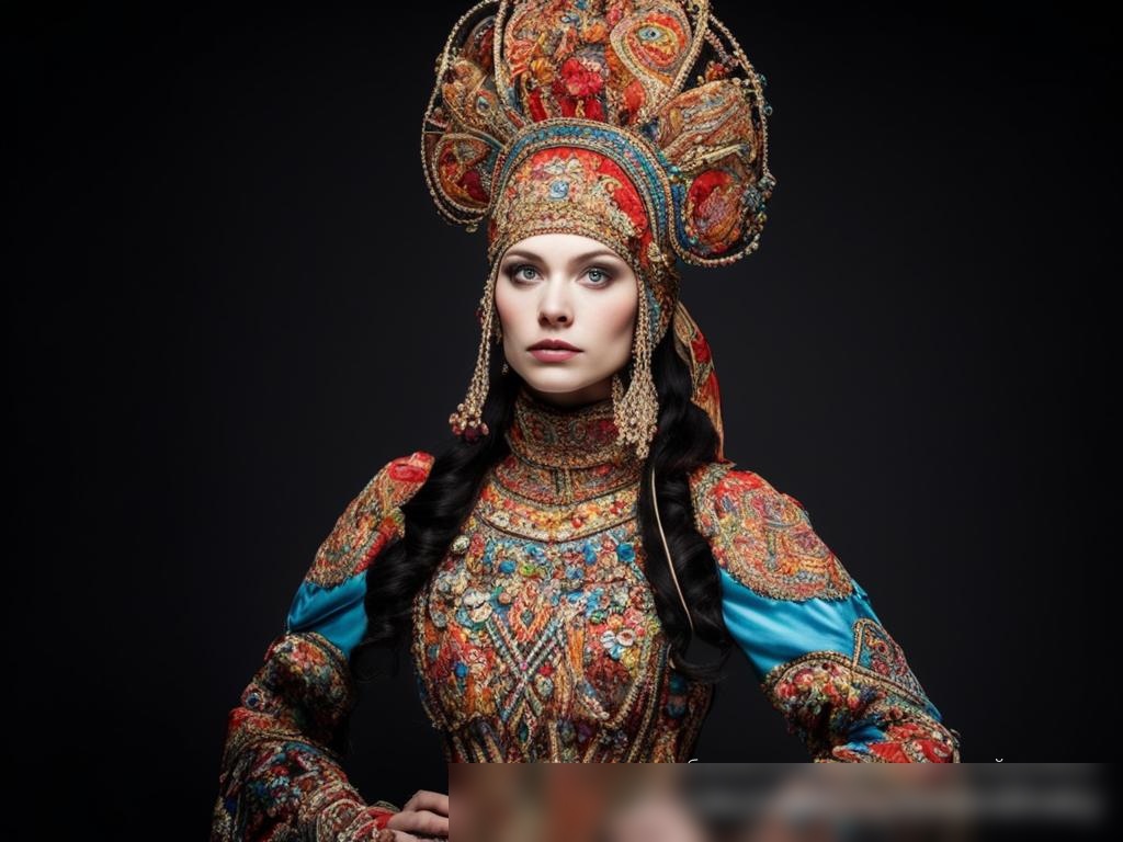 Широкоугольный снимок величественного, театрального костюма, вдохновленного русским фольклором - Пример 4