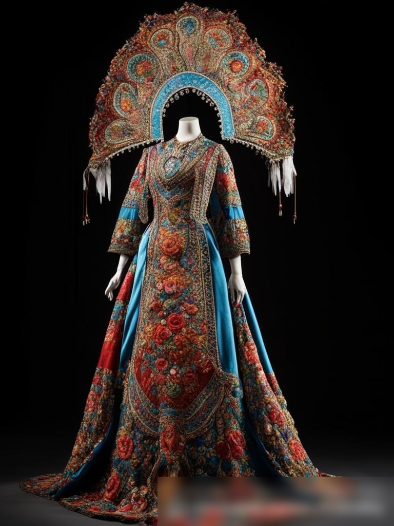 Широкоугольный снимок величественного, театрального костюма, вдохновленного русским фольклором - Пример 5