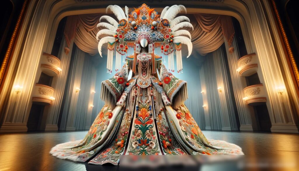 Широкоугольный снимок величественного, театрального костюма, вдохновленного русским фольклором - Пример 1