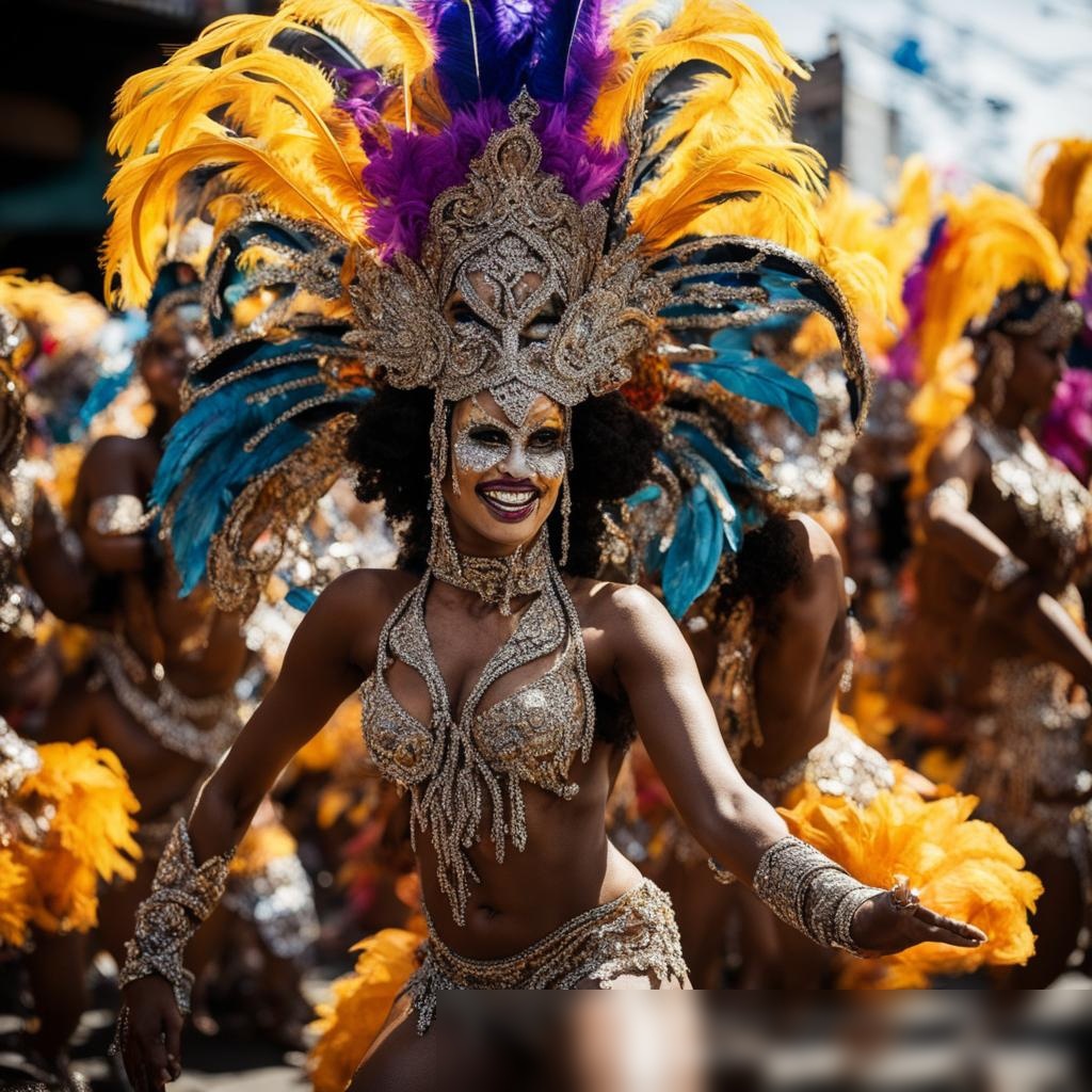 Широкоформатное, яркое изображение, демонстрирующее группу многонациональных участников карнавала в традиционных бразильских костюмах на параде - Пример 3