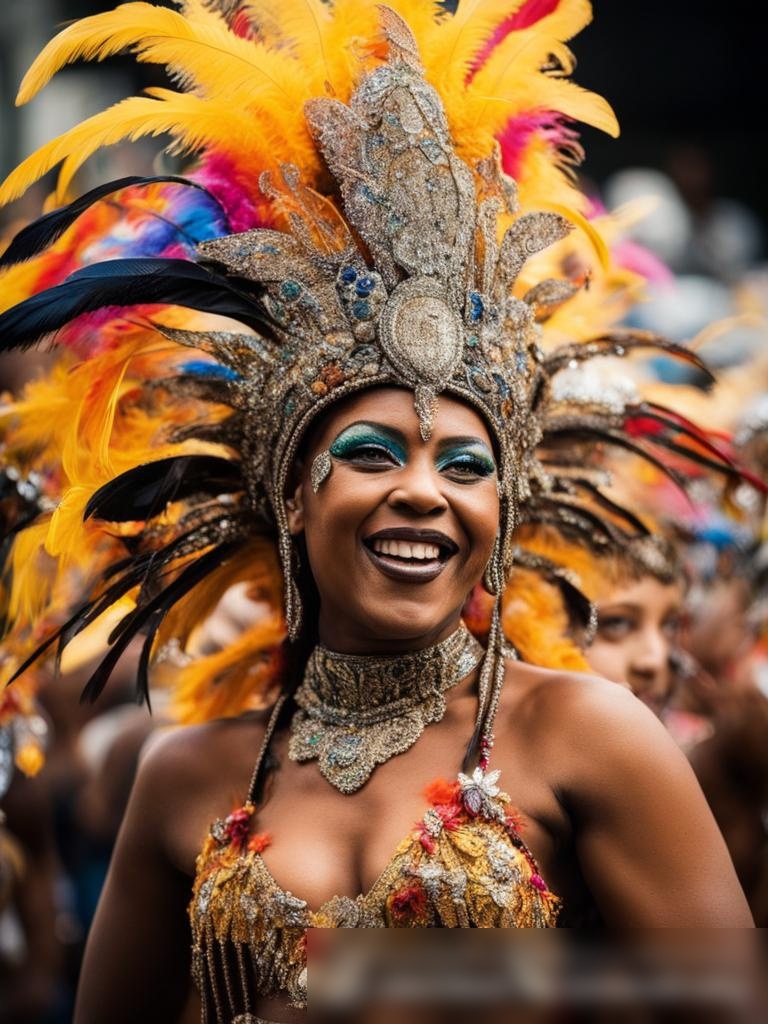 Широкоформатное, яркое изображение, демонстрирующее группу многонациональных участников карнавала в традиционных бразильских костюмах на параде - Пример 5