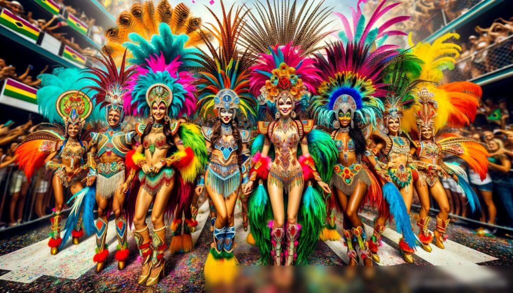 Широкоформатное, яркое изображение, демонстрирующее группу многонациональных участников карнавала в традиционных бразильских костюмах на параде - Пример 1
