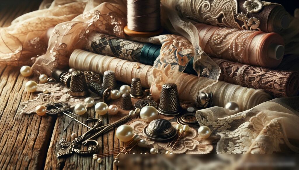 Крупноплановое изображение коллекции роскошных кружев и швейных аксессуаров - Пример 1