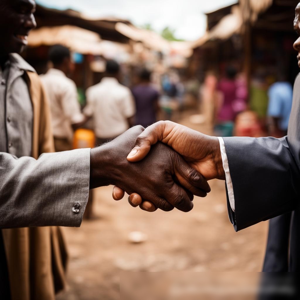 Рукопожатие между представителем микрофинансовой организации и владельцем малого бизнеса на фоне рыночной площади - Пример 3