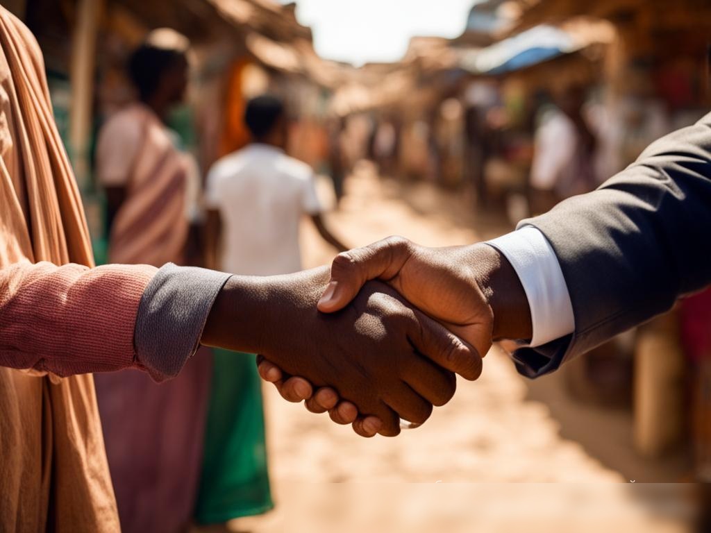 Рукопожатие между представителем микрофинансовой организации и владельцем малого бизнеса на фоне рыночной площади - Пример 4