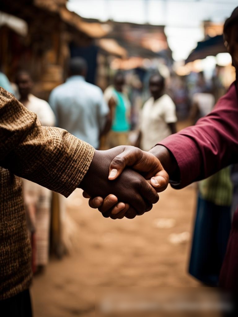 Рукопожатие между представителем микрофинансовой организации и владельцем малого бизнеса на фоне рыночной площади - Пример 5