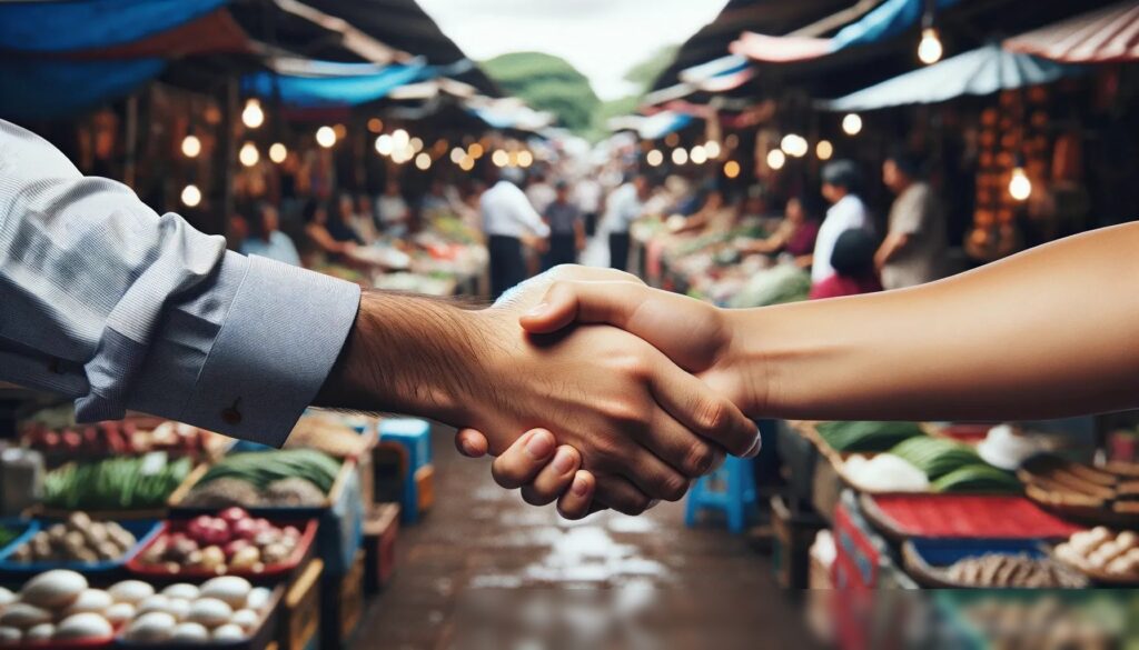 Рукопожатие между представителем микрофинансовой организации и владельцем малого бизнеса на фоне рыночной площади - Пример 1