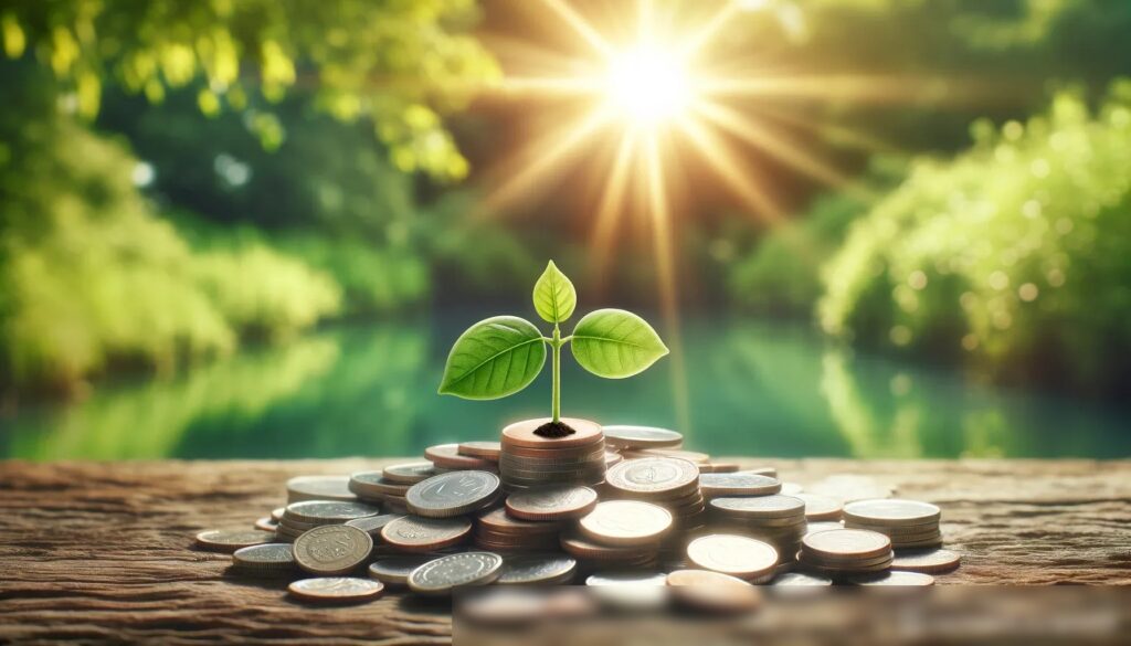 Метафорическое изображение микрофинансирования с ростком, прорастающим из монет на фоне природного пейзажа - Пример 1