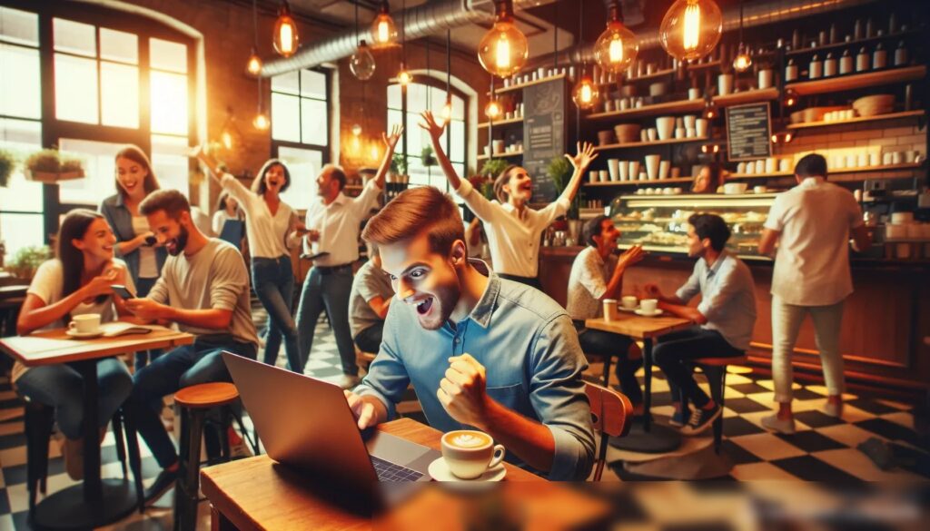 Молодой предприниматель в уютном кофейне, получающий уведомление о микрозайме - Пример 1