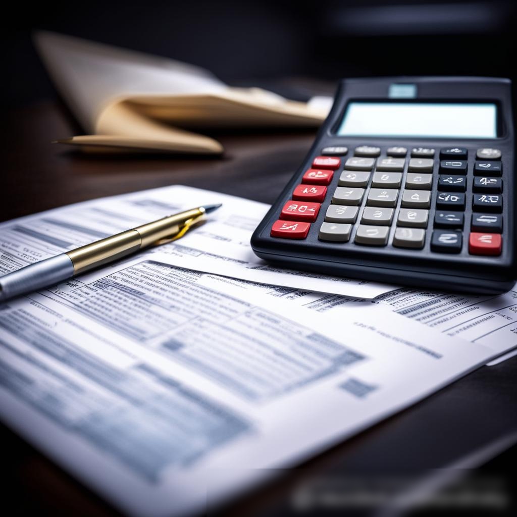 Концептуальное изображение, демонстрирующее большой калькулятор и ручку на фоне многочисленных налоговых форм и финансовых документов - Пример 3