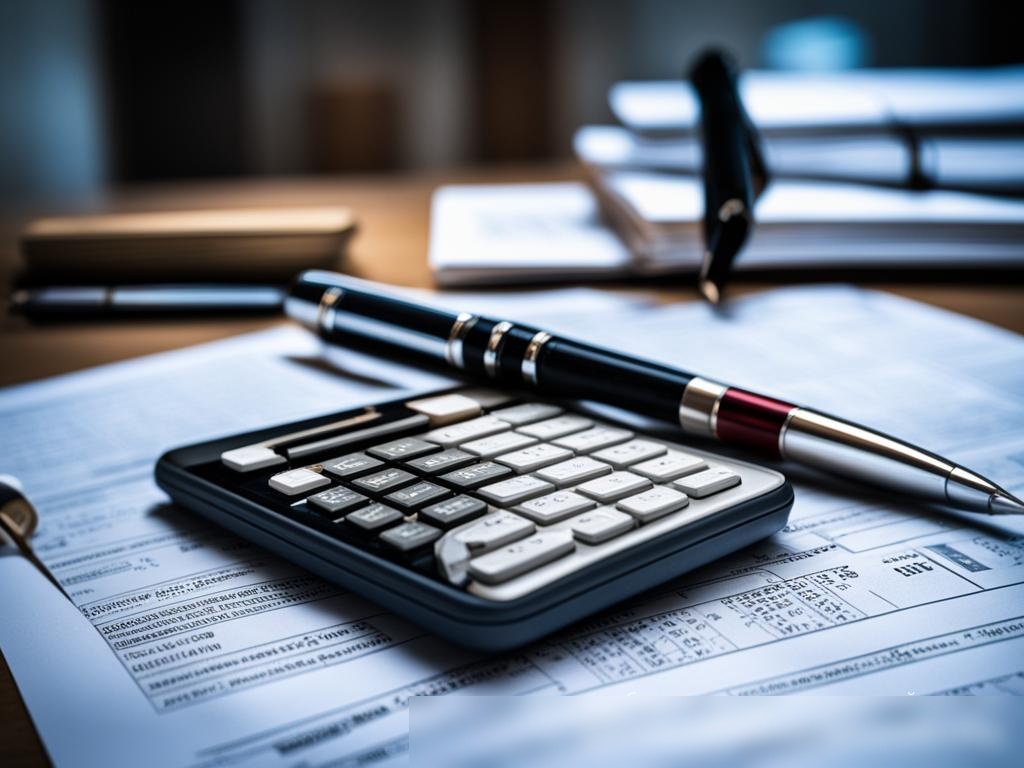 Концептуальное изображение, демонстрирующее большой калькулятор и ручку на фоне многочисленных налоговых форм и финансовых документов - Пример 4