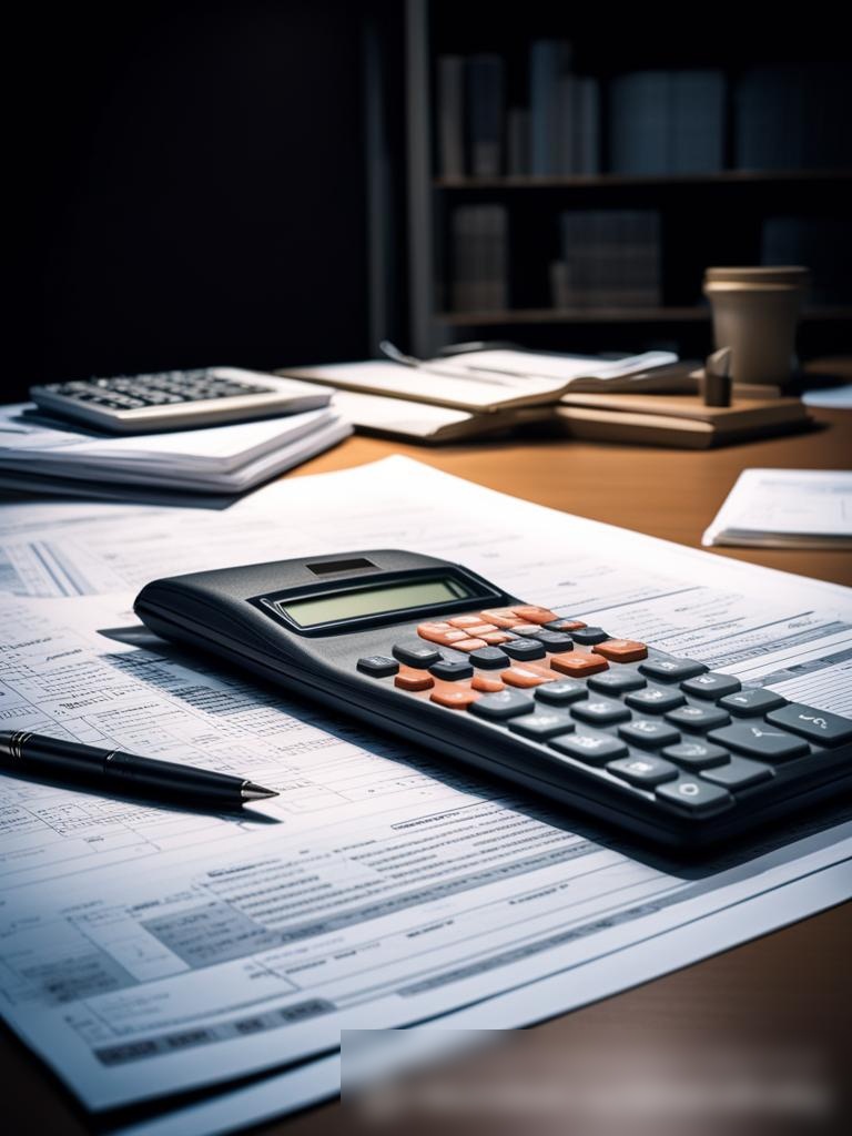 Концептуальное изображение, демонстрирующее большой калькулятор и ручку на фоне многочисленных налоговых форм и финансовых документов - Пример 5