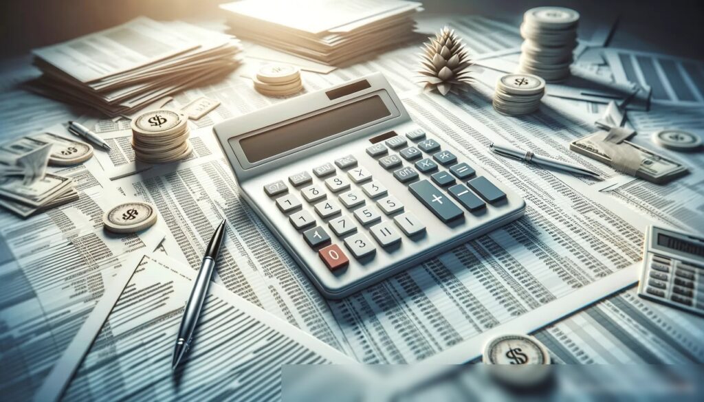 Концептуальное изображение, демонстрирующее большой калькулятор и ручку на фоне многочисленных налоговых форм и финансовых документов - Пример 1