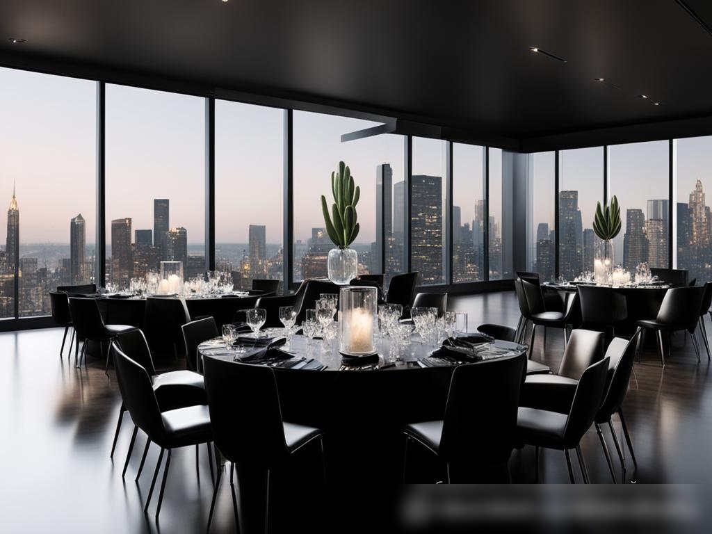 Современный, минималистичный банкетный зал с видом на город - Пример 4