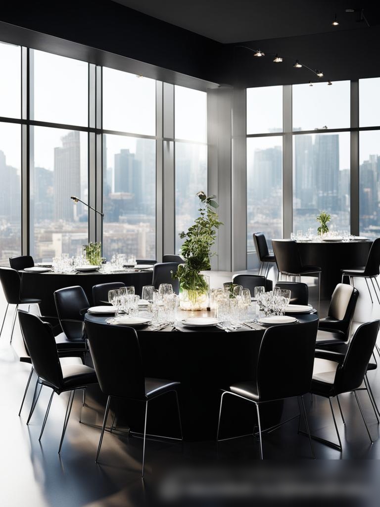 Современный, минималистичный банкетный зал с видом на город - Пример 5