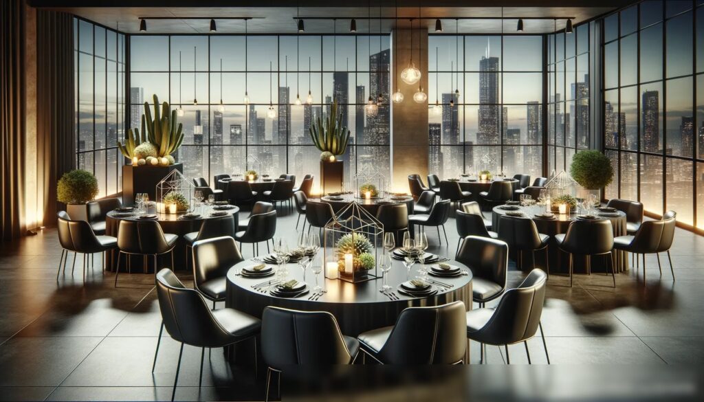 Современный, минималистичный банкетный зал с видом на город - Пример 1