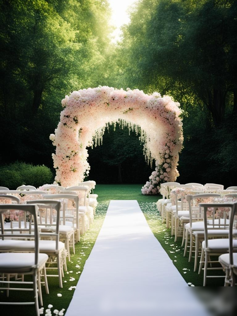 Уютная сцена наружной свадебной церемонии в зелёном саду - Пример 5